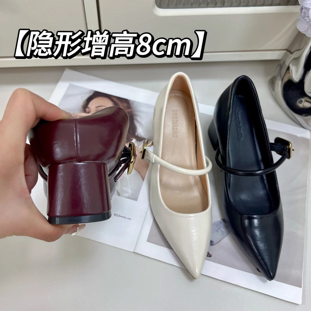 隐形增高8cm~玛丽珍尖头粗跟高跟鞋2024夏季新款百搭气质休闲女鞋