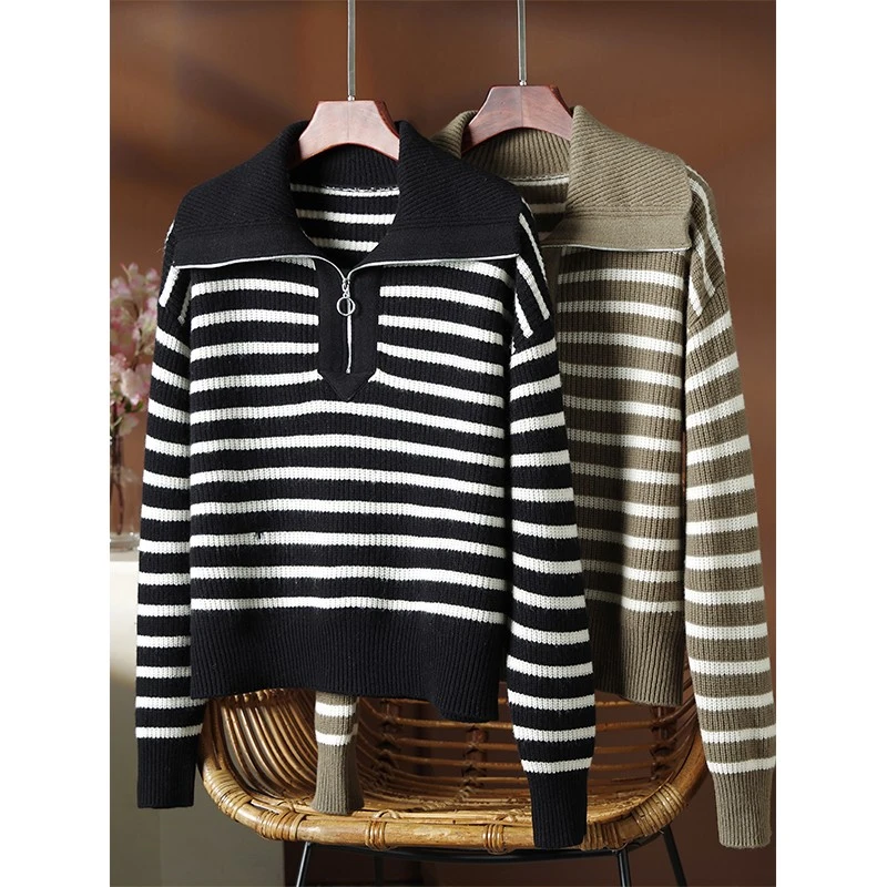 拼色条纹羊绒针织加厚长袖直筒毛衣显瘦短款上衣秋冬针织衫秋季
