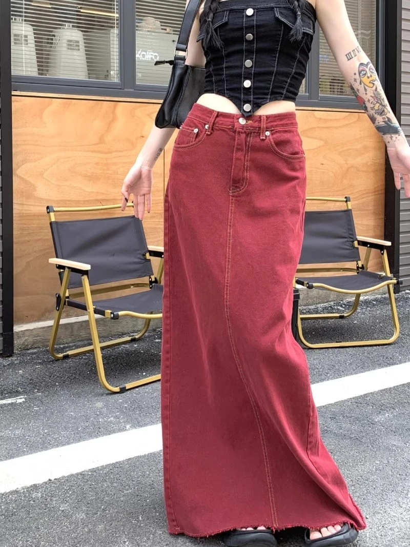 大码微胖复古辣妹红色牛仔半身裙女夏季高腰显瘦A字裙开叉长裙子
