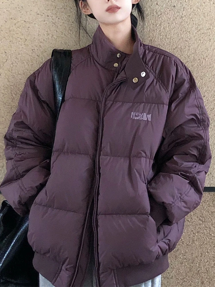 大码美式紫色棉衣面包服女冬季2024新款立领宽松保暖加厚棉服外套