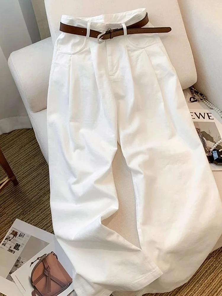 大码微胖白色高腰阔腿牛仔裤女夏季设计感褶皱宽松显瘦垂感拖地裤
