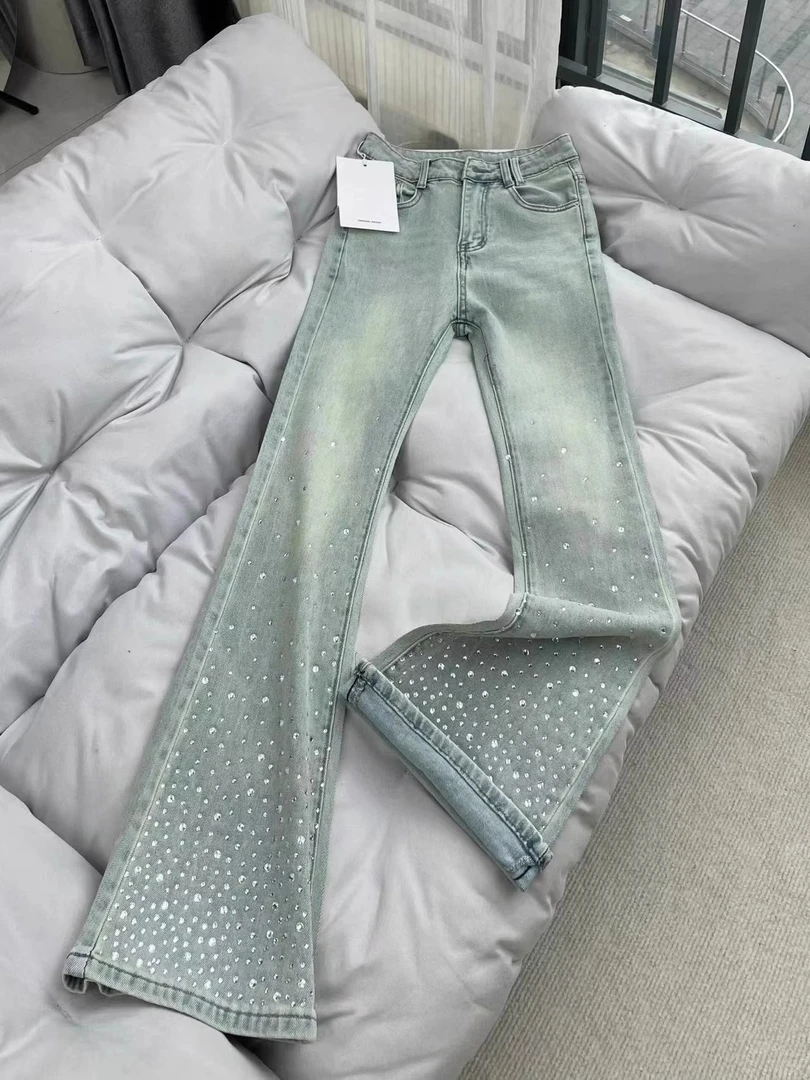 大码微胖重工烫钻水洗微喇牛仔裤女夏季高腰修身喇叭拖地长裤子潮