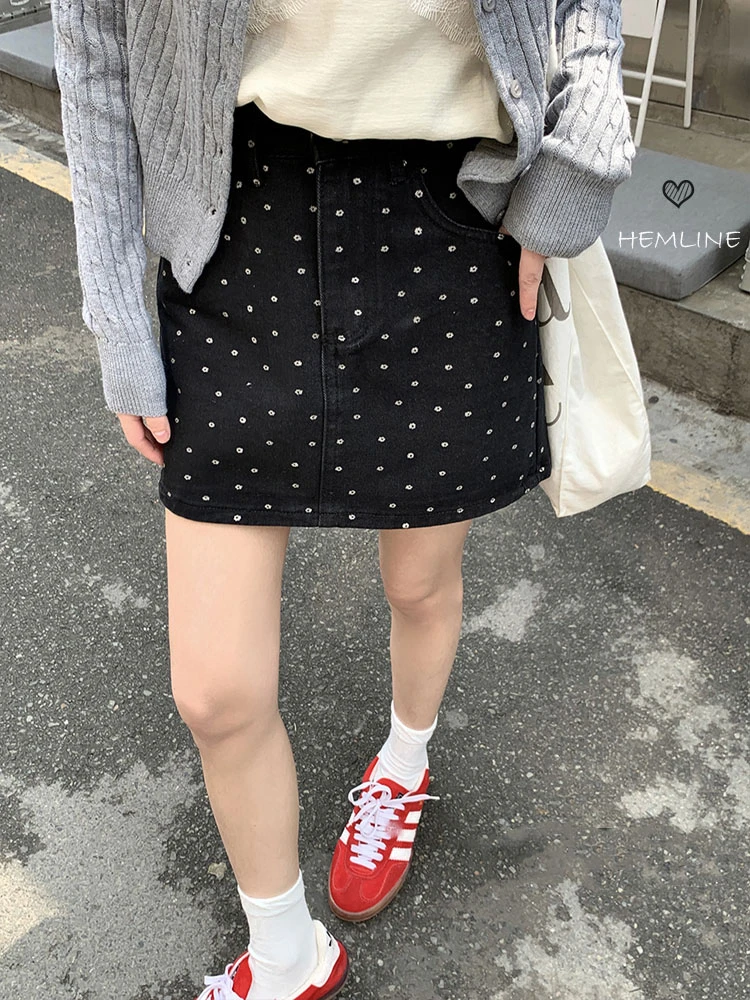 大码微胖ins韩版波点复古牛仔裙女夏季高腰百搭显瘦a字半身短裙子