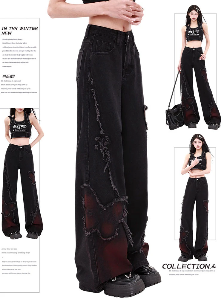 大码微胖小众设计感黑色蝴蝶阔腿牛仔裤女秋季高腰显瘦宽松直筒裤