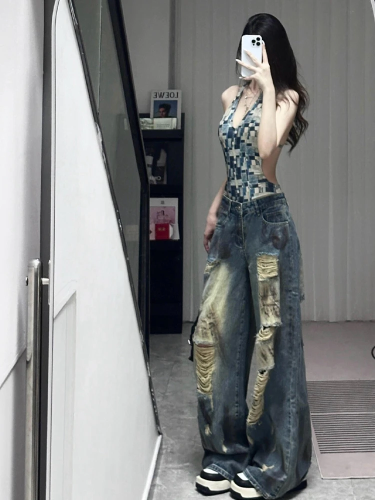 大码微胖街头vibe复古做旧夏季牛仔裤女美式辣妹直筒宽松阔腿长裤