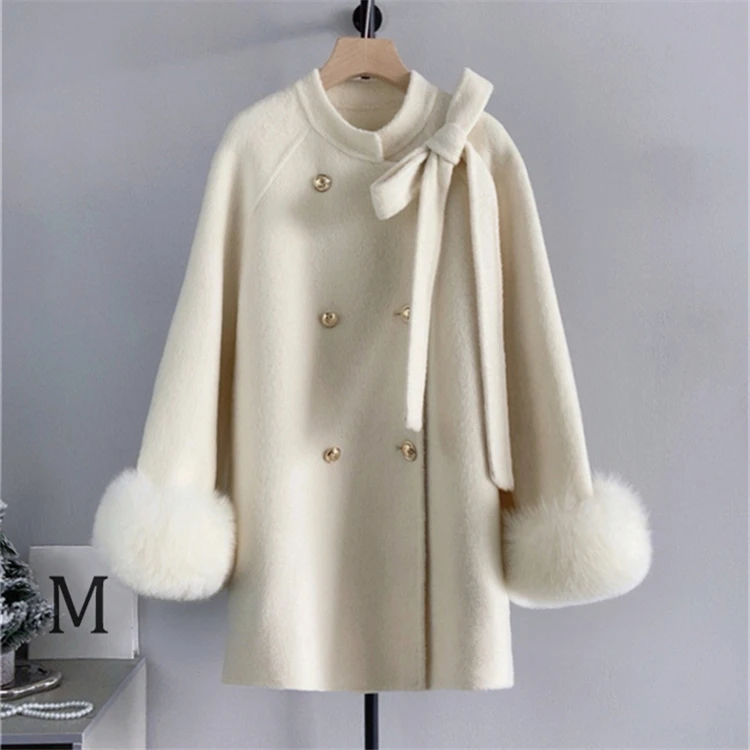 甜美蝴蝶结狐狸毛袖小个子羊毛外套气质中长款秋冬百搭女士659