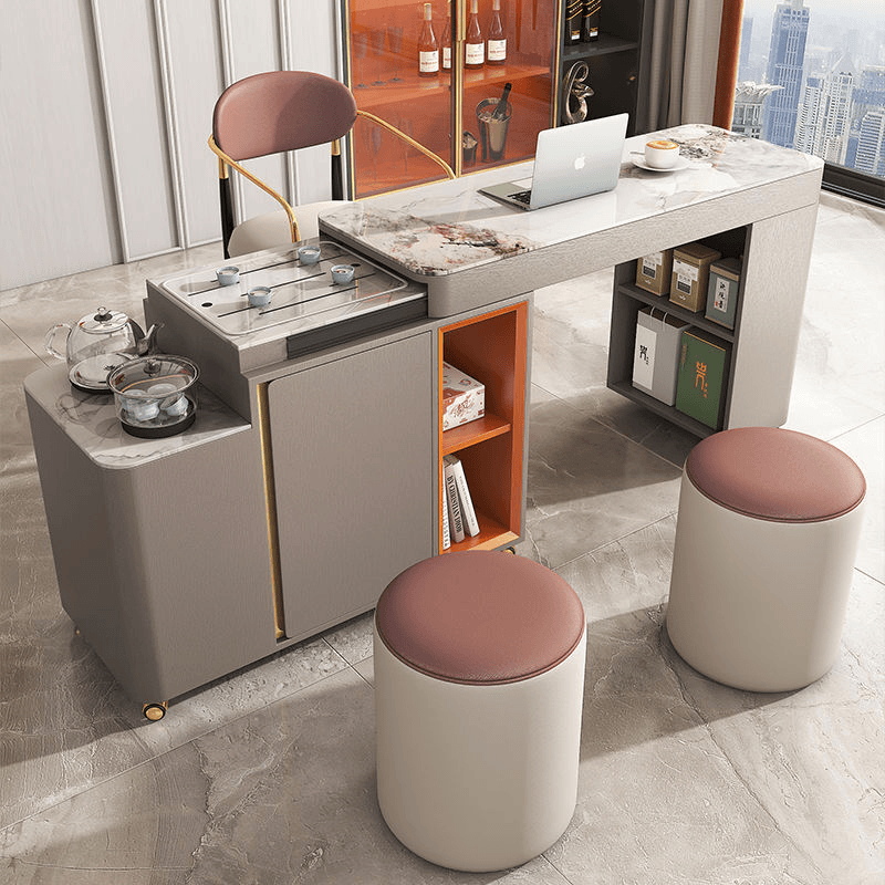 轻奢岩板移动茶台简约现代家用阳台伸缩茶车小户型功夫茶桌椅组合