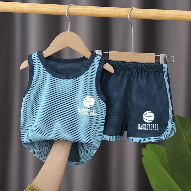 儿童背心速干套装夏季男女童休闲无袖运动俩件套中大童网眼篮球服