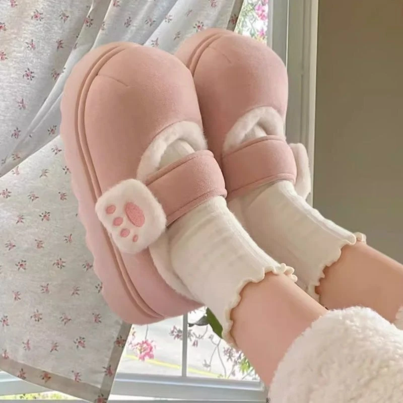 可爱猫爪魔术贴棉鞋女外穿冬季新款厚底防滑保暖居家包头毛毛拖鞋