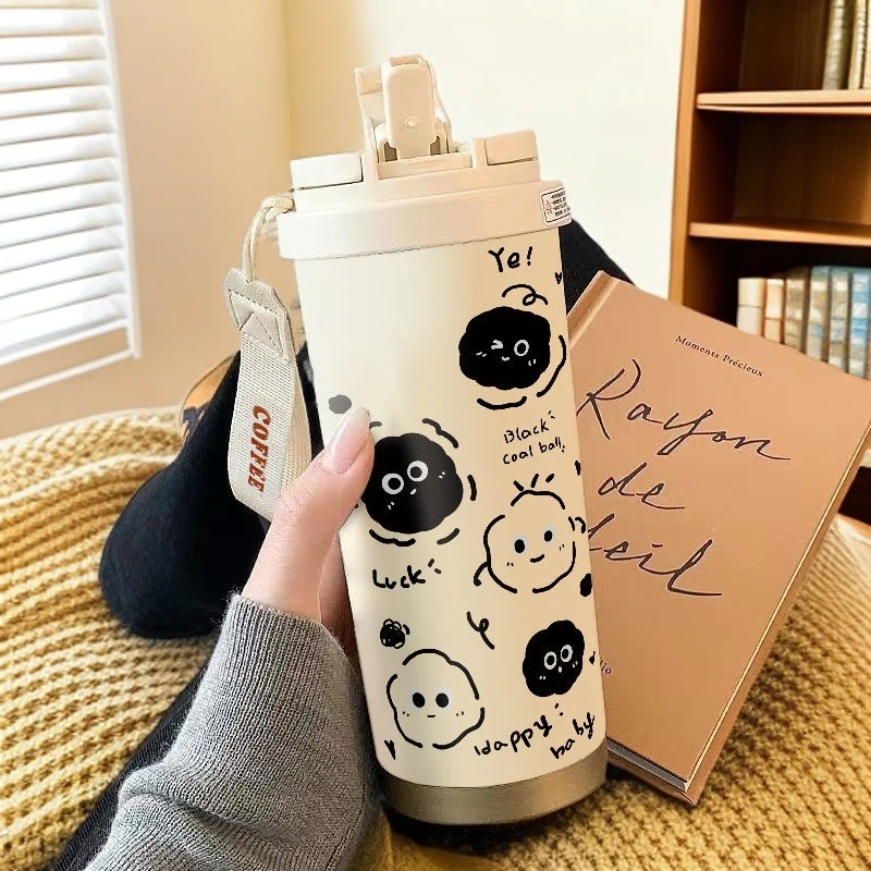 316不锈钢保温杯水杯子吸管水杯黑煤球高颜值女生情侣创意咖啡杯