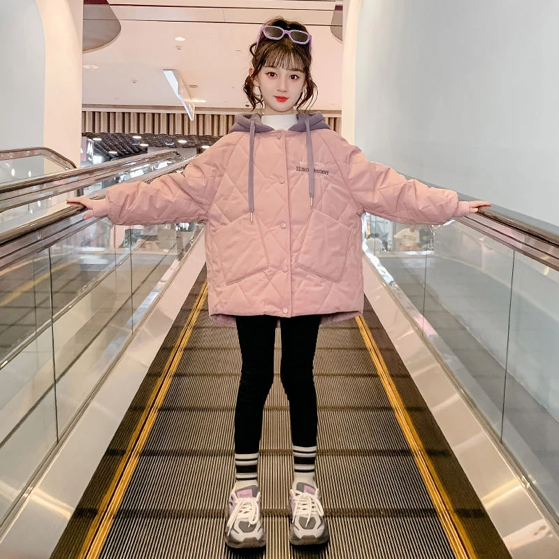 女童棉服外套秋冬装2023新款儿童发夹棉加厚冬季女孩加绒连帽大童