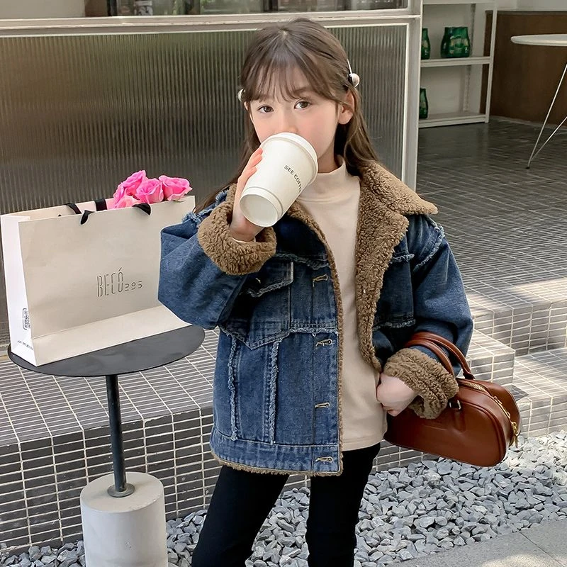 女童加绒牛仔外套冬装2024新款洋气儿童秋冬款小女孩冬季加厚上衣