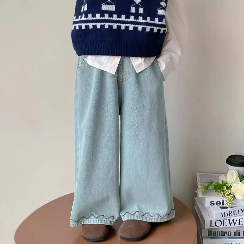 女童牛仔裤儿童秋装裤子2025秋季新款刺绣阔腿裤女孩春秋款休闲裤