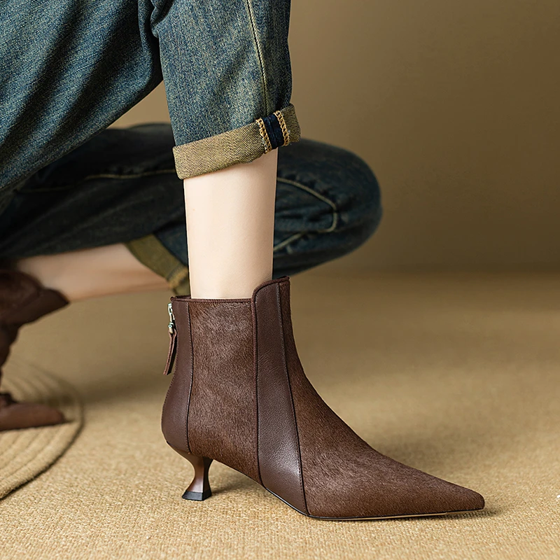 【4.5cm】马毛牛皮细根软底时尚百搭尖头复古短靴1802