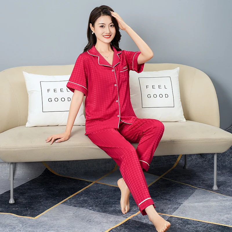 春夏季女士轻奢冰丝短袖长裤睡衣家居服-200