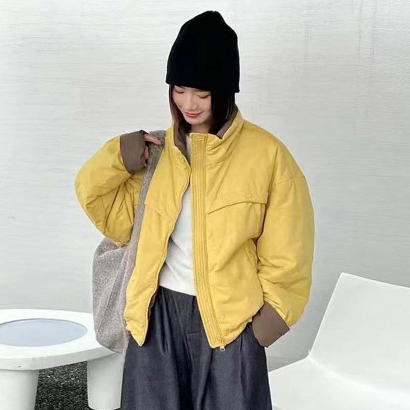 高级感撞色立领加棉短款棉衣外套女2024冬季新款韩版时尚百搭棉衣