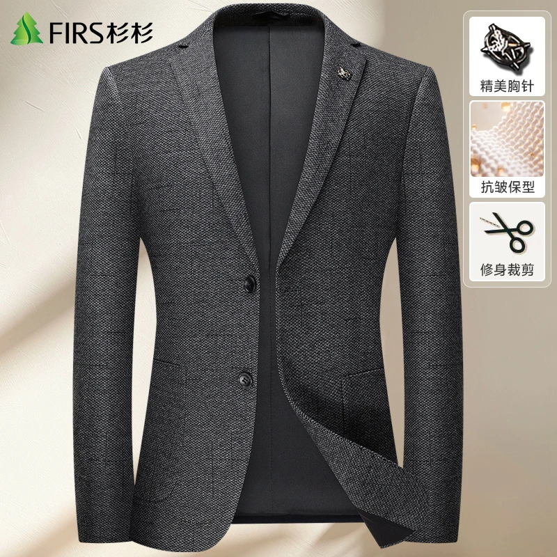 厚款含羊毛1.7千鸟格弹力免烫西装男士修身男士西装外套