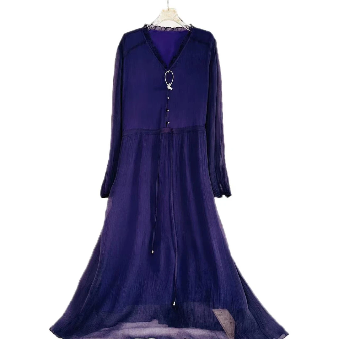 【紫色-林姐真丝】手绘花色桑蚕丝连衣裙C24802-3