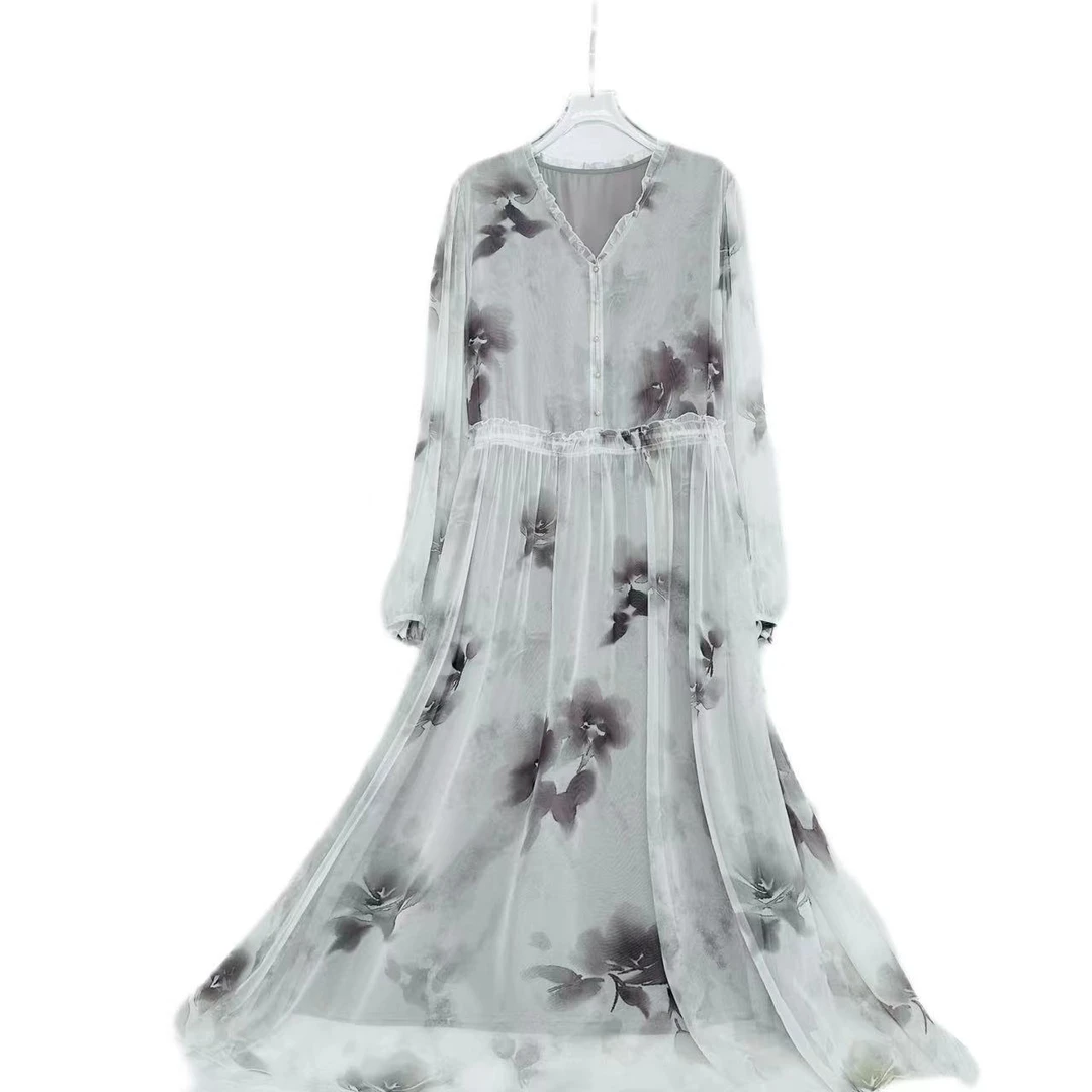 【2024-林姐真丝】手绘花色桑蚕丝连衣裙HF23H001-3