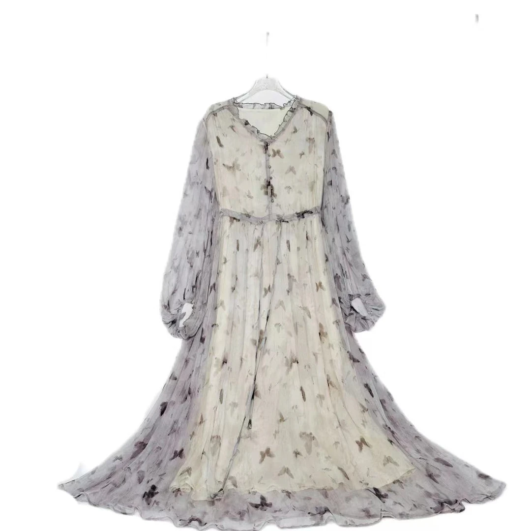 【2024-林姐真丝】手绘花色桑蚕丝连衣裙Y23C9277