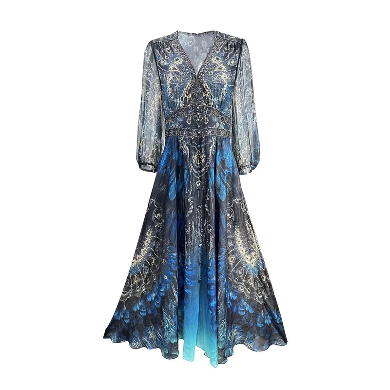 【林姐真丝-蓝孔雀】重磅100双绉桑蚕丝连衣裙HF24302