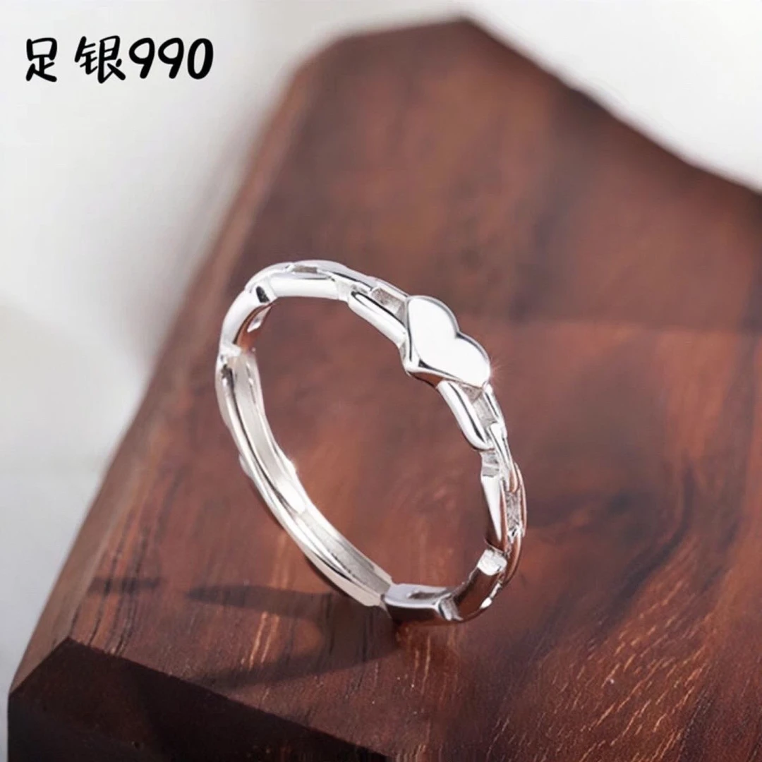 足银戒指 足银990戒指银时尚指环素款足银可调节百搭银戒情侣对戒