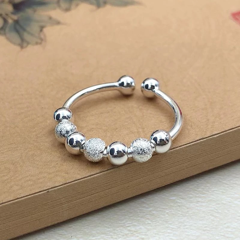 足银戒指 990纯银一光一砂珠珠戒指开口设计可调节大小光珠戒指银