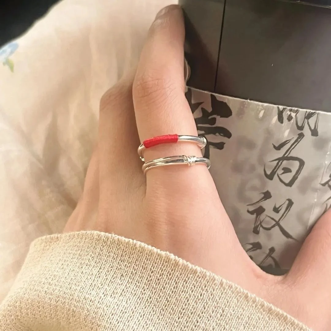 足银戒指 足银戒指999手工红绳缠绕光面推拉戒指大众百搭纯银素圈