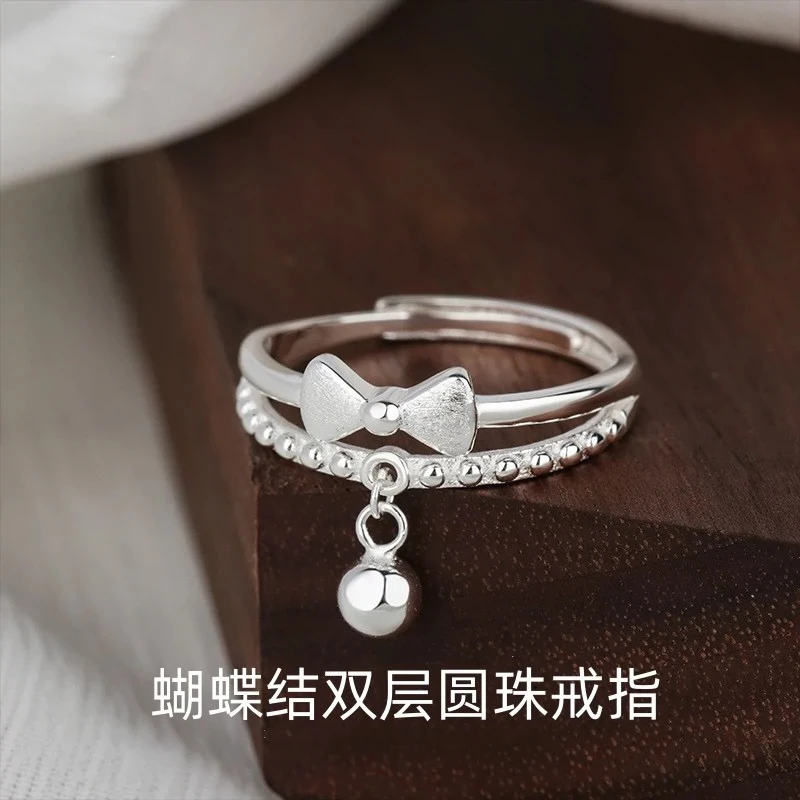 足银戒指 990足银在逃公主蝴蝶结圆珠双层戒指气质百搭可调节小众