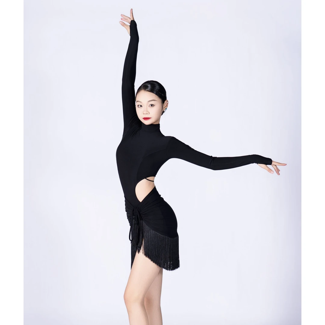 Mei舞M100042高领腰部镂空体服流苏系带裙教师艺考练习上衣长袖