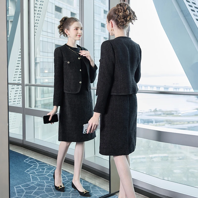 奢姿【加厚夹棉】2024年春季时尚简约大码女装小香风外套半裙套装