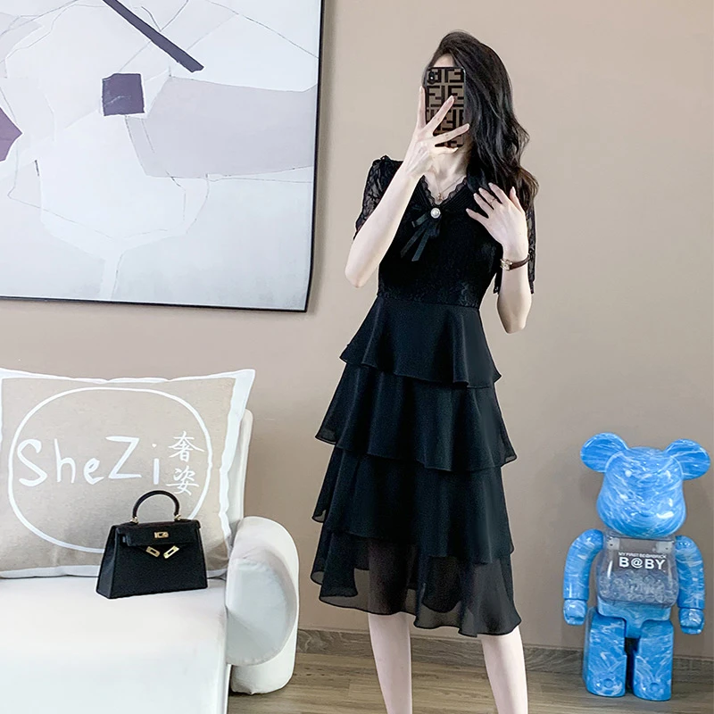 奢姿【华尔兹】大码名媛气质蕾丝拼接时尚V领蛋糕裙9932866989