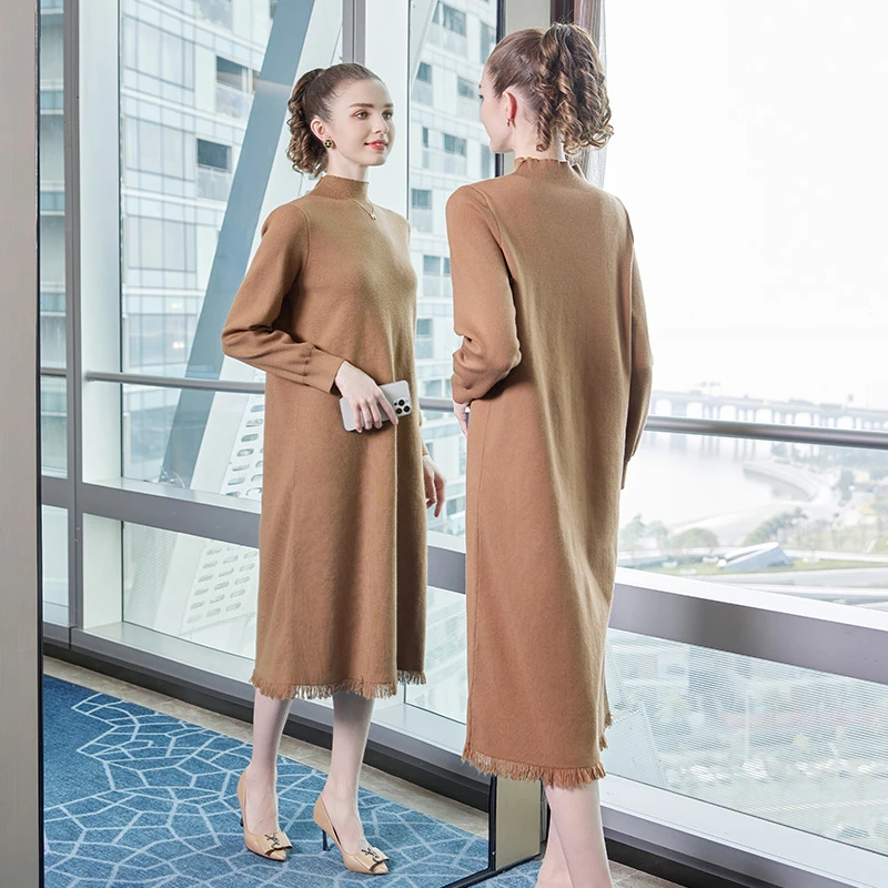 奢姿【时光为眸】2023年冬季大码女装气质半高领连衣裙时尚针织裙子