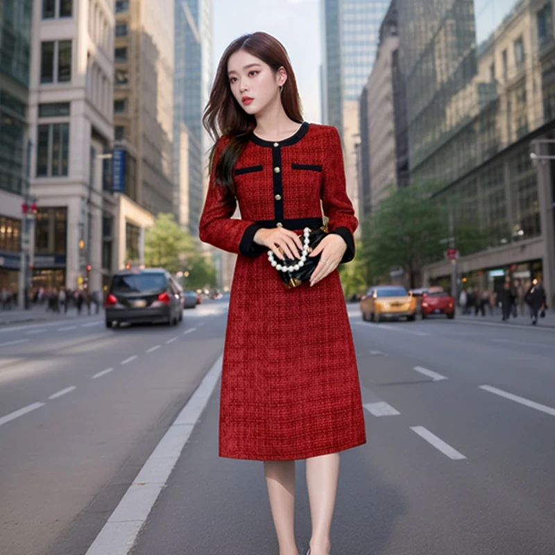 奢姿2025年秋季新款大码女装圆领气质裙子胖妹妹小香风拼接连衣裙