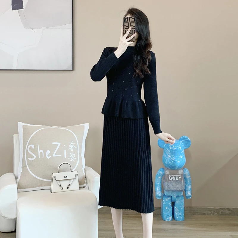 奢姿【慕尼黑夜】大码女装时尚圆领两件套针织时尚套装9824952453