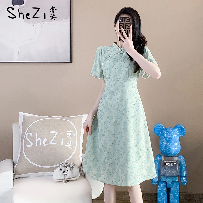 奢姿2025年夏装新款大码女装钉珠装饰连衣裙胖妹妹圆领旗袍裙子