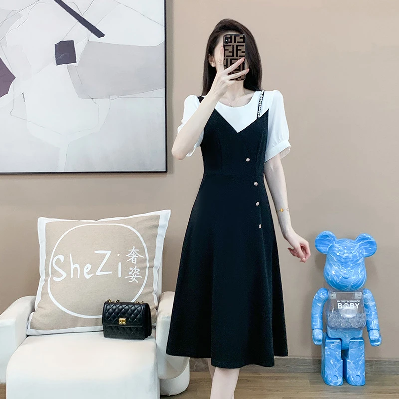 奢姿【恋人絮语】大码淑女假两件拼接时尚连衣裙9932825397
