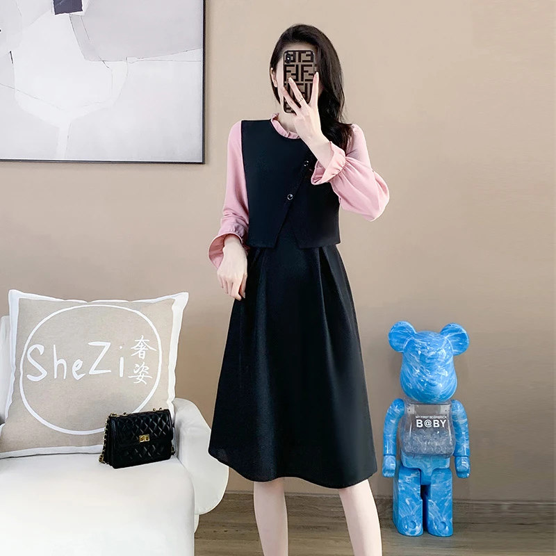 奢姿【月下夜莺】2025年秋季大码显瘦修身女气质拼接简约时尚连衣裙