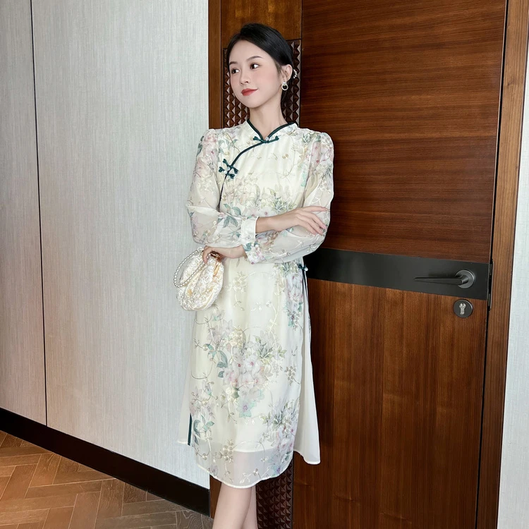 奢姿 2024年气质春款大码名媛气质胖妹妹减龄印花改良旗袍连衣裙