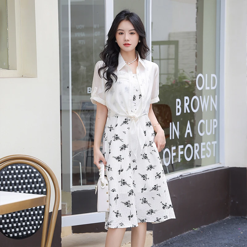 奢姿2024夏装新款大码女装减龄印花背心裙两件套胖妹妹时尚套装