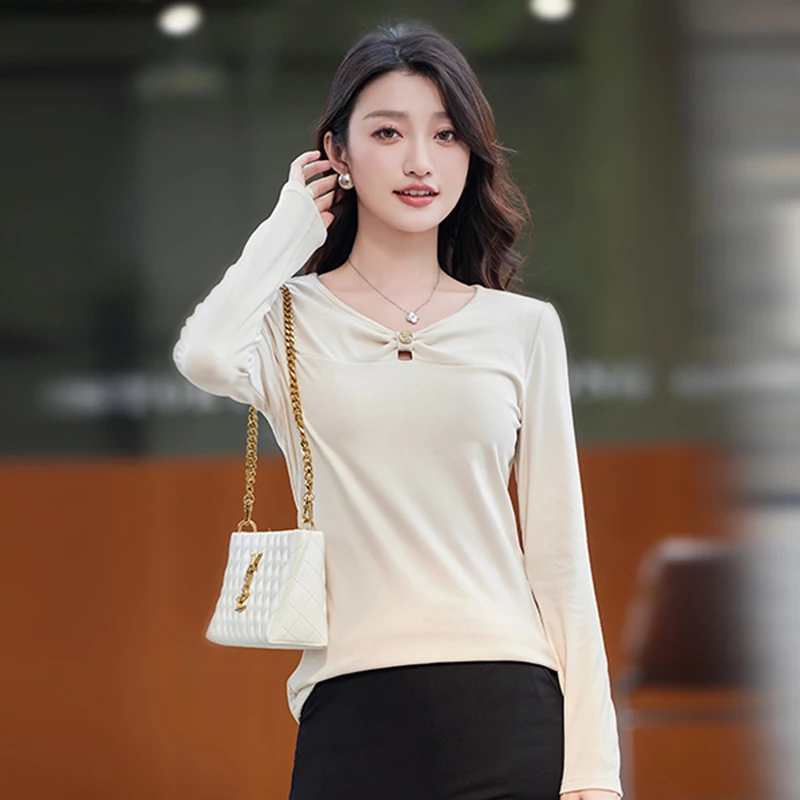 奢姿【雀绒浮沉】2025年春秋大码德绒上衣胖妹妹杏色长袖时尚打底衫