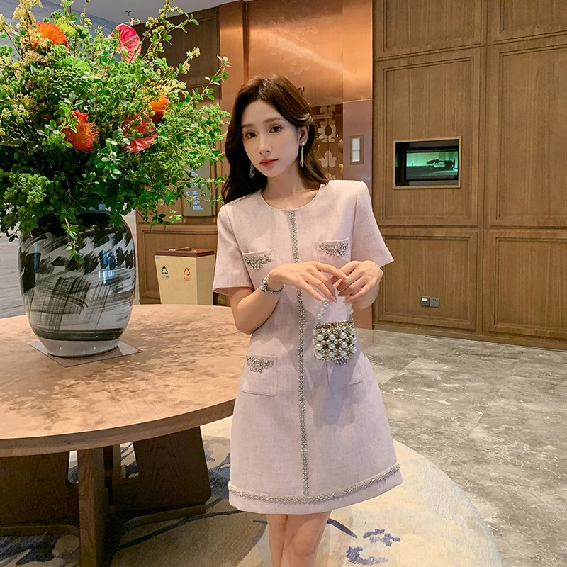 [奢姿轻奢系列]气质小香风连衣裙大码女装夏季新款胖妹妹钻链裙子