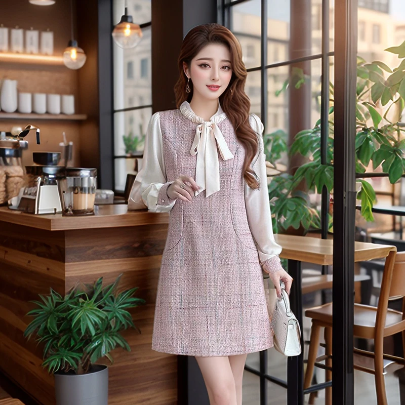 奢姿2025春季新款大码女装蝴蝶结裙子胖妹妹小香风拼接连衣裙