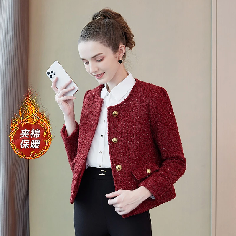 奢姿【葡枝唤丫】大码女装时尚简约夹棉单排扣小香风外套9934391144