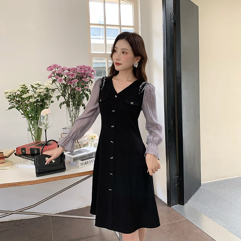 奢姿【芋桃紫提】2025年秋季新款大码女装撞色钉珠织带蝴蝶结连衣裙