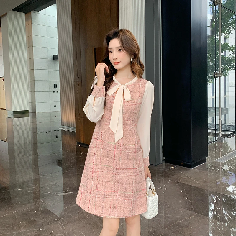 奢姿2025年秋季新款大码女装蝴蝶结裙子胖妹妹小香风拼接连衣裙