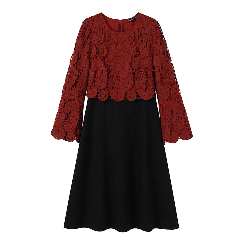 奢姿【朱砂】2025年秋新款大码女装针织拼接裙子胖妹妹假两件连衣裙