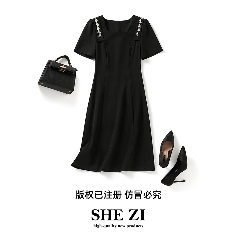 [奢姿轻奢系列]大码女装2024夏季钻饰减龄裙子胖妹妹方领连衣裙