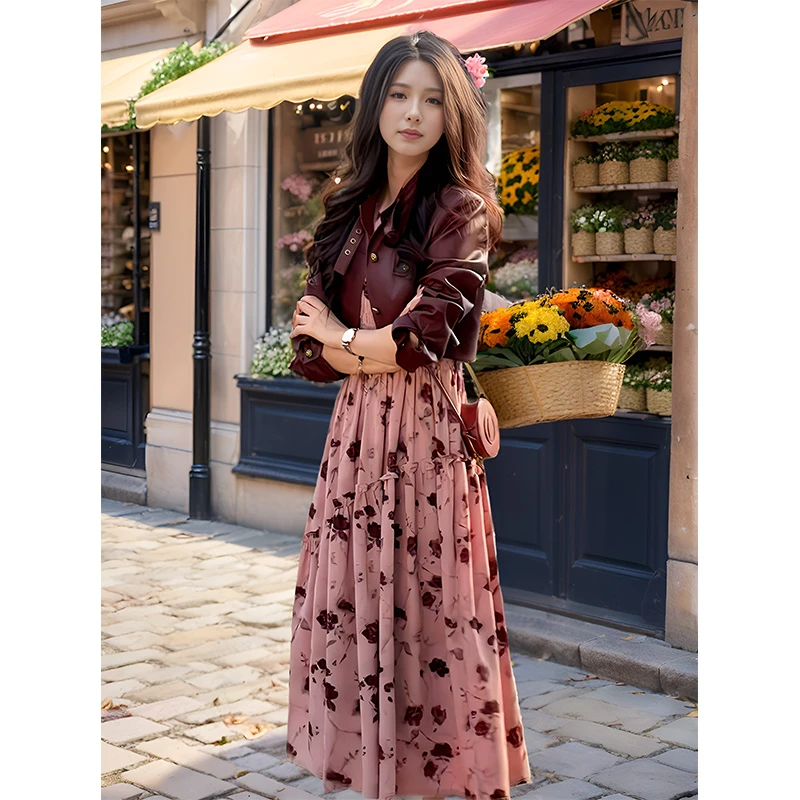 奢姿【雾玫瑰】大码女装2024秋碎花皮衣吊带裙两件套胖妹妹时尚套装