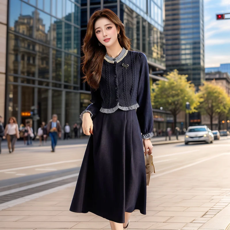 奢姿大码女装2025秋冬假两件针织时尚连衣裙胖妹妹气质小立领裙子